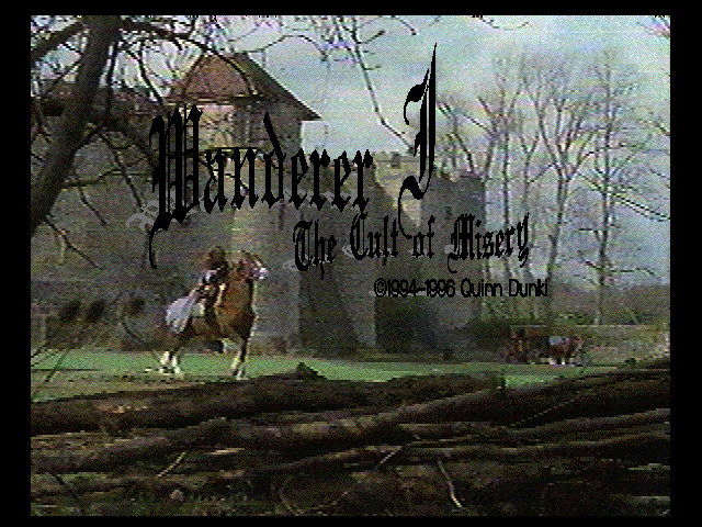 Wanderer I: The Cult of Misery title screen: a rider on horseback before a castle